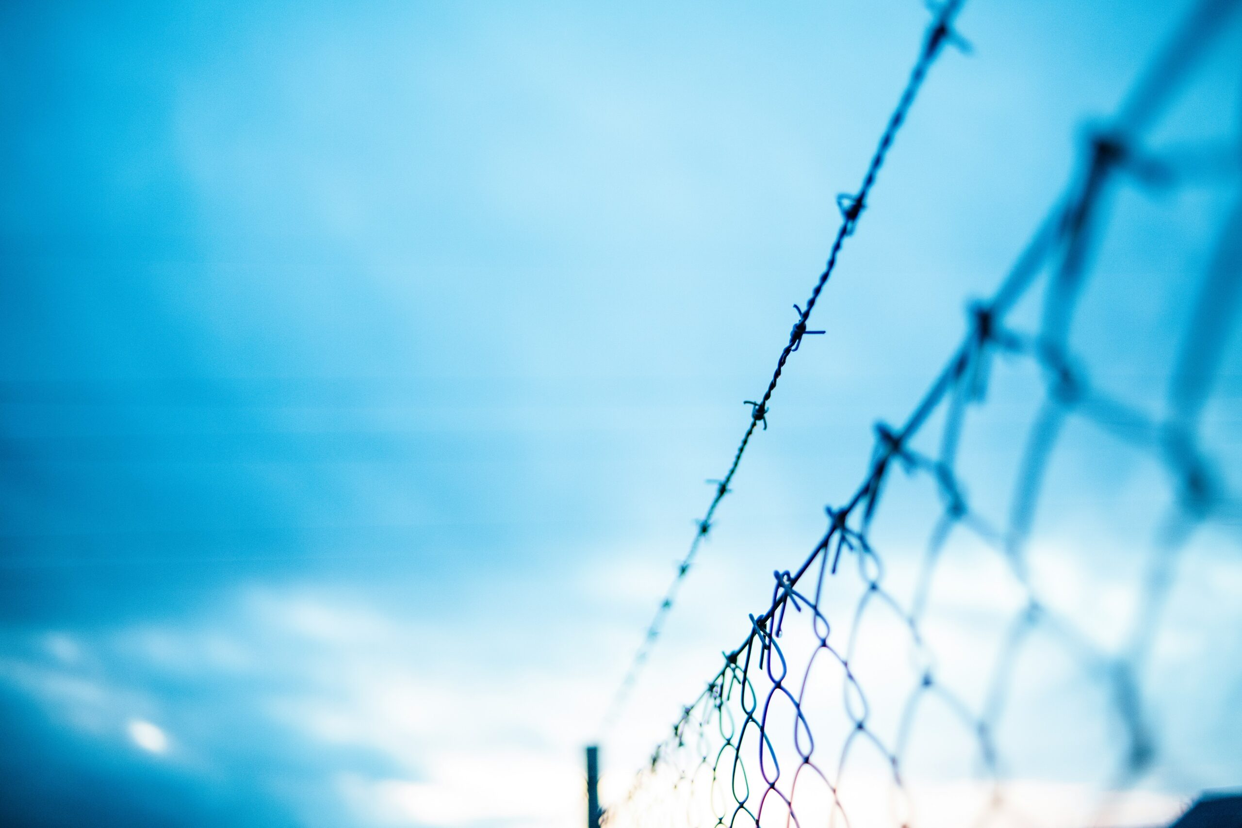 Barbed wire pictured against a bright blue sky